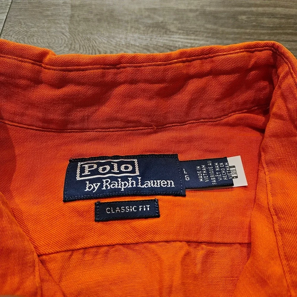 Polo Ralph Lauren Mens Large Solid Orange Button Up SS Linen Silk Workshirt